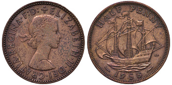 Великобритания 1/2 пенни 1958 Елизавета II (1952-2022) KM 896, Spink 4158 бронза 4122-825