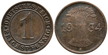 ГЕРМАНИЯ 1 РЕЙХСПФЕННИГ 1934 A KM 37, J. 313 бронза 39-1067