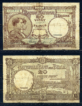 Бельгия 20 франков 1945 24.08.1945, Король Альберт I и его жена Королева Елизавета, Гран-Плас / Гроте Маркт, Брюссель Pick 111 (3) бумага 6301-18-1-1