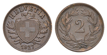 Швейцария 2 раппена 1927 B KM 4 бронза 1518-822