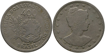 Бразилия 400 реалов (рейсов) 1901 MCMI KM 505 медно-никель 4557-1243