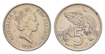 Новая Зеландия 5 центов 1994 Елизавета II (1952-2022), ящерица гаттерия KM 60 медно-никель 4594-513