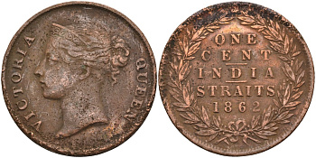 Стрейтс-Сетлментс 1 цент 1862 Виктория (1837-1901), Ост-Индская компания KM 6 медь 4590-231