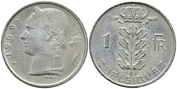 БЕЛЬГИЯ 1 ФРАНК 1969 BELGIQUE KM 142.1 медно-никель 4385-441