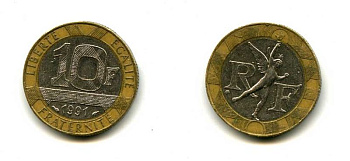 Франция 10 франков 1991 тип Гений Бастилии KM 964.1, Le Frank 375.6 биметалл 37-157