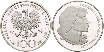 Польша 100 злотых 1976 MW, Тадеуш Костюшко (1746-1817) KM 82, Parchimowicz 274 серебро PROOF 1087-7-54