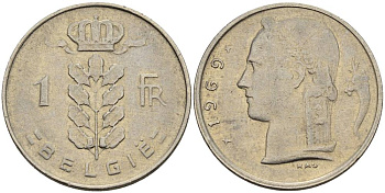 БЕЛЬГИЯ 1 ФРАНК 1969 BELGIE KM 143.1 медно-никель 4546-413