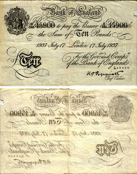 Англия 10 фунтов 1937 Лондон, 17 июля 1937, Операция "Бернхард", фальшивка в ущерб денежному обращению Pick 336 бумага 451-182-1
