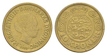 Дания 10 крон 1989 Маргрете II (1972-2024) KM 867 алюминиевая бронза 4657-355