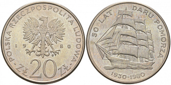 Польша 20 злотых 1980 MW, 50 лет фрегату «Дары Поморца» KM 112, Parchimowicz 253 медно-никель 73-415