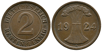 ГЕРМАНИЯ 2 РЕНТЕНПФЕННИГА 1924 A KM 31, J.307 бронза 86-1315