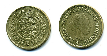 ДАНИЯ 20 КРОН 1990 LG; JP; A, МАРГРЕТЕ II (1972-) KM 871 алюминиевая бронза 25-842