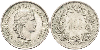 Швейцария 10 раппенов 1970 KM 27 медно-никель 55-432