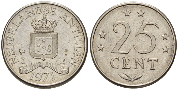 Нидерландские Антилы 25 центов 1971 Юлиана (1948-1980) KM 183 никель 66-355