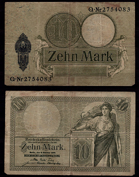 Германия 10 марок 1906 Женщина,аллегорические женщины Pick 9 b бумага 6289-55-3-2