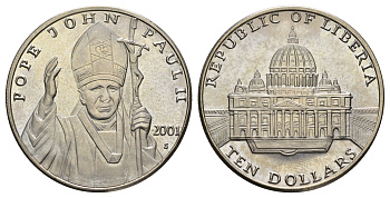 Либерия 10 долларов 2001 Иоанн Павел II KM 643a медно-никель PROOF 443-813