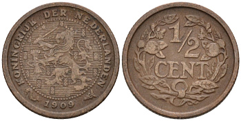Нидерланды 1/2 цента 1909 Вильгельмина (1890-1948) KM 138 бронза 4576-341
