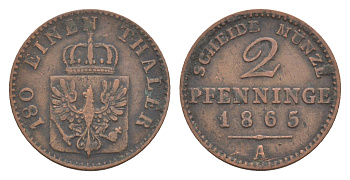 Пруссия 2 пфеннига 1865 A, Вильгельм I (1861-1888) KM 481, Jaeger 51, AKS 107, Olding 425 медь 4651-239
