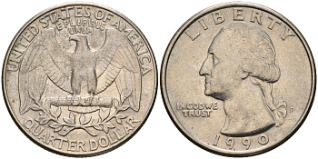 США 25 центов = квотер 1990 P, Вашингтон KM А164а медь плакированная медно-никелем    4603-946