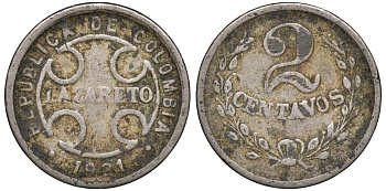 Колумбия 2 сентаво 1921 государственный лепрозорий KM L10 медно-никель 53-1022