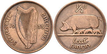 Ирландия 1/2 пенни 1935 свинья с поросятами KM 2 бронза 4561-1125