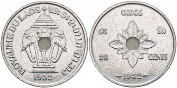 Лаос 20 центов 1952 король Сисаванг Вонг (1904-1959), слоны KM 5 алюминий 4545-435
