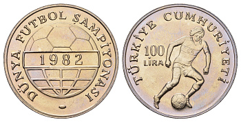 Турция 100 лир 1982 Чемпионат Мира по футболу 1982 KM 951 медно-никель BU 4558-1215