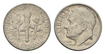 США 10 центов (дайм) 1967 Рузвельт KM 195a медь плакированная медно-никелем 4674-537