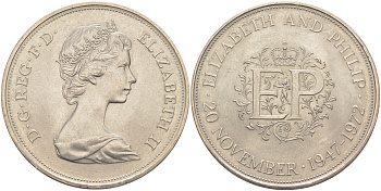 Великобритания 25 пенсов 1972 25 лет со дня свадьбы Елизавтеы II И Филлипа (1947-1972, серебрянная свадьба), Елизавета II (1952-2022) KM 917, Spink 4226 медно-никель 4552-521