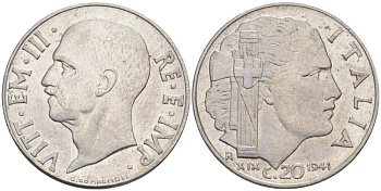 ИТАЛИЯ 20 ЧЕНТЕЗИМО 1941 R, ГОД XIX, ВИКТОР ЭММАНУИЛ III (1900-1946) KM 75b, VEM3. 1028 нержавеющая сталь 3853-812