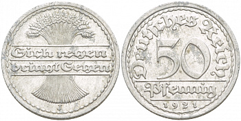 ГЕРМАНИЯ 50 ПФЕННИГОВ 1921 J KM 27, J. 301 алюминий 4539-745