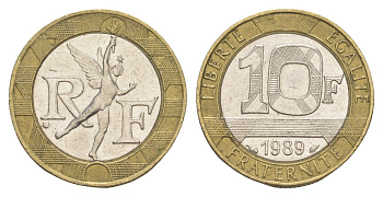 Франция 10 франков 1989 KM 964.1, Le Franc 375.3 биметалл 4652-444