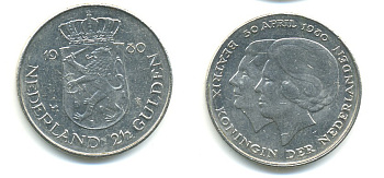 Нидерланды 2 1/2 гульдена 1980 коронация Беатрикс, 30 апреля 1980 KM 201 никель 84-1232