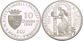 Андорра 10 динеров 1995 вступление Андорры в совет Европы KM 108 серебро PROOF 1088-10-24