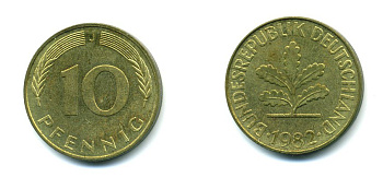 ФРГ 10 ПФЕННИГОВ 1982 J KM 108, J.383 сталь плакированная латунью 46-1327
