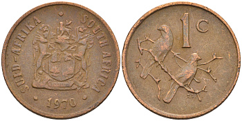ЮАР 1 цент 1970 герб, капские воробьи KM 82 бронза    4115-159