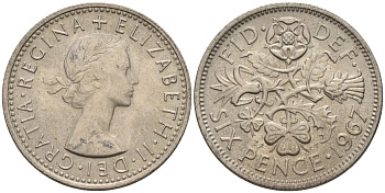 Великобритания 6 пенсов 1967 Елизавета II (1952-2022) KM 903, Spink 4149 медно-никель 4596-1051