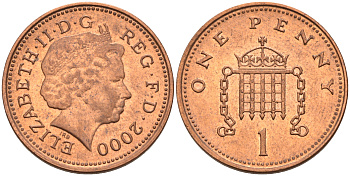Великобритания 1 пенни 2000 Елизавета II (1952-2022) KM 986, Spink 4710 (B5) сталь плакированная медью 4588-555