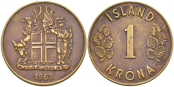Исландия 1 крона 1963 KM 12а никель латунь 219-835