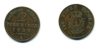 Пруссия 2 пфеннига 1856 A, Фридрих Вильгельм IV (1840-1861) KM 452, Jaeger 51, Olding 336, AKS 91 медь 54-613