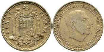 ИСПАНИЯ 1 ПЕСЕТА 1966 (68) ФРАНСИСКО ФРАНКО ДИКТАТОР ИСПАНИИ (1939-1975) KM 796 алюминиевая бронза 110-1247