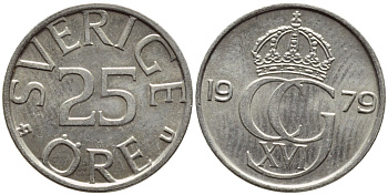 Швеция 25 эре 1979 U Карл XVI Густав (1973- ) KM 851 медно-никель 4396-528