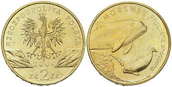 Польша 2 злотых 2004 MW, серия сохраним природу, морская свинья KM 464 нордик  UNC  4531-1235
