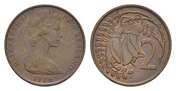 Новая Зеландия 2 цента 1976 Елизавета II (1952-2022), два цветка кохаи KM 32.1 бронза 4655-1146