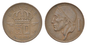 Бельгия 50 сантимов 1953 Belgie, Бодуэн I (1951-1993) KM 149 бронза 4705-252