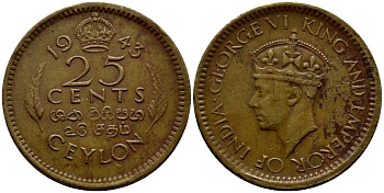 ЦЕЙЛОН 25 ЦЕНТОВ 1943 ГЕОРГ VI KM 115 никель латунь 23-1126