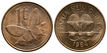 Папуа-Новая Гвинея 1 тойя 1984 бабочка KM 1 бронза UNC 261-527