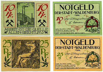 Вальденбург набор из 2 банкнот 1918 1 месяц после выпуска, нотгельд (10 и 25 пфеннигов), земля Силезия Grabowski W3.14а, W3.14b бумага 2193-18-3-2