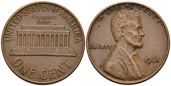 США 1 цент 1961 Авраам Линкольн KM 201 медь цинк 4567-843