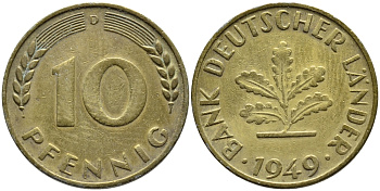 ФРГ 10 ПФЕННИГОВ 1949 D KM 103, J.378 сталь плакированная латунью 4392-1022